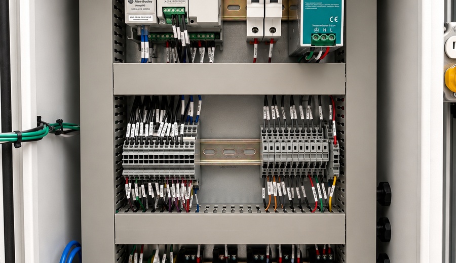 Gabinete de control abierto con cableado y componentes instalados por HEC Automation Solutions