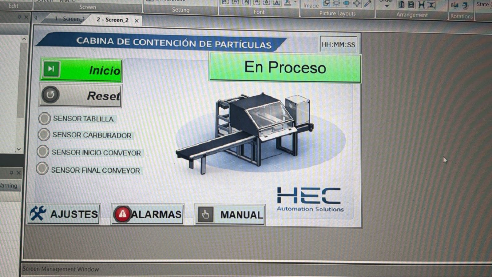 Interfaz HMI desarrollada para equipo HEC